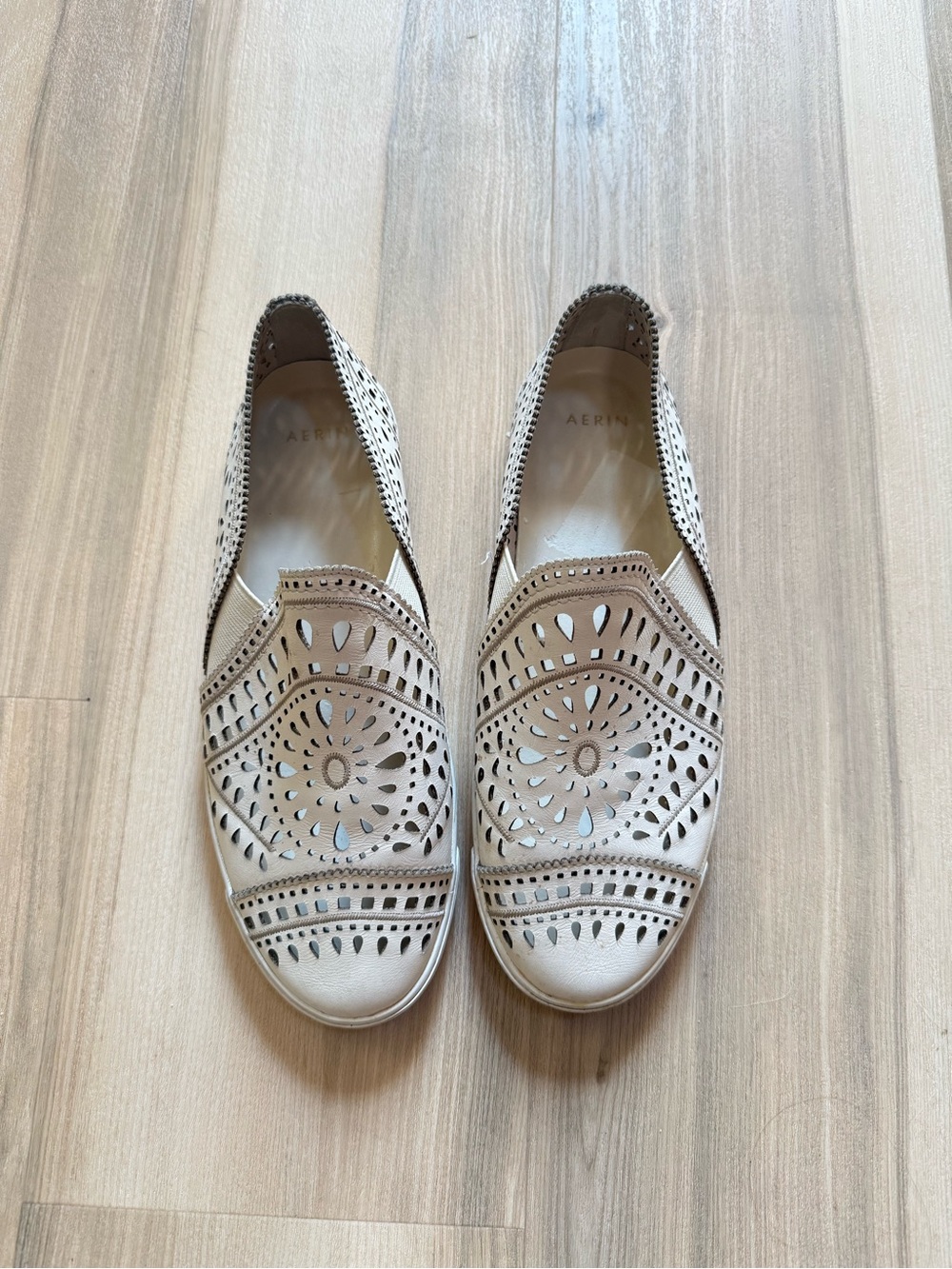 Aerin Beige Laser-Cut Slip-On Loafers